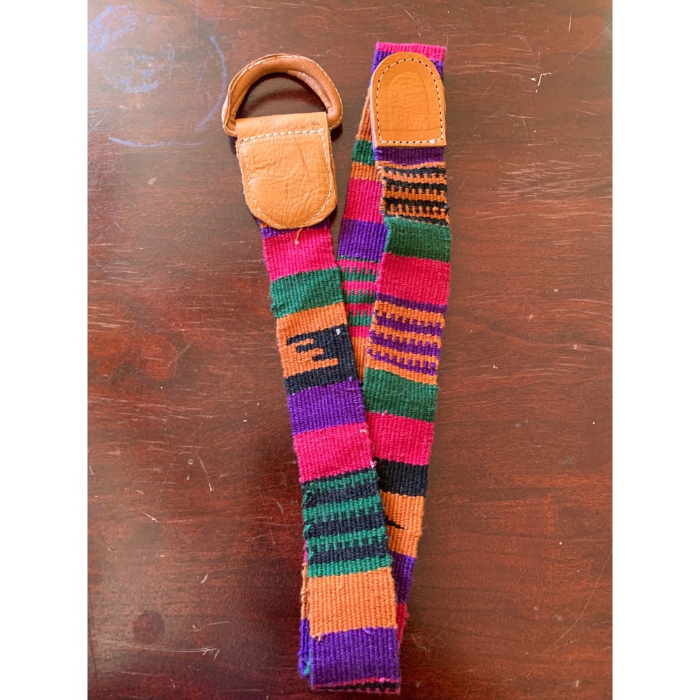 Vintage Hand Woven Belt Multicolor Striped Leather Boho Tribal 42 Inch